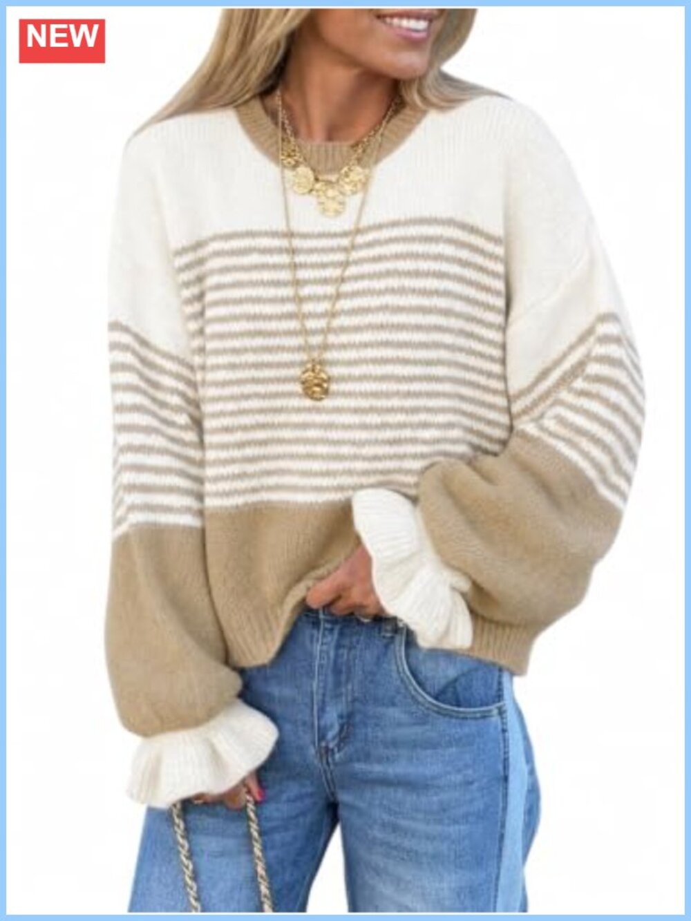 Striped Ruffle Sleeve Pullover Sweater for Women